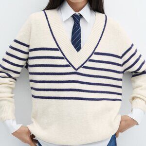 Mango Ivory and Navy V-neck Striped Sweater/NWT/L